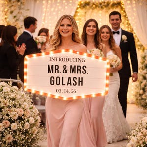 May include: A wedding ceremony scene featuring a sign that reads "INTRODUCING MR. & MRS. GOLASH 03.14.26". The sign is illuminated with small lights. Bridesmaids in pink dresses and a groom in a tuxedo are visible.