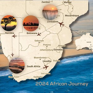 Puede incluir: Un mapa de África con una línea punteada que muestra una posible ruta de viaje. La ruta incluye paradas en Namibia, Botsuana, Zimbabue, Suazilandia, Sudáfrica y Mozambique. El mapa también incluye imágenes de varios monumentos y paisajes.