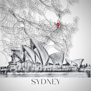 2 x Mappa artistica digitale di Sydney e dell'Opera House con indicatore di posizione rosso 30 x 30 cm per i ricordi