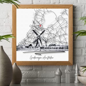 Salutations d'Amsterdam-Elegant black, (Classic, Noir) cartes avec coordonnées et. charmante scène de moulin à vent. Disponible en 3 rapports d'impression.