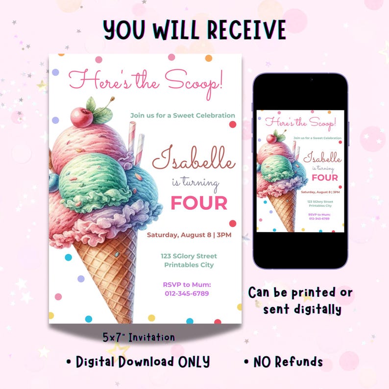 Ice Cream Birthday Invitation, Ice Cream Sweet Party Here's the Scoop