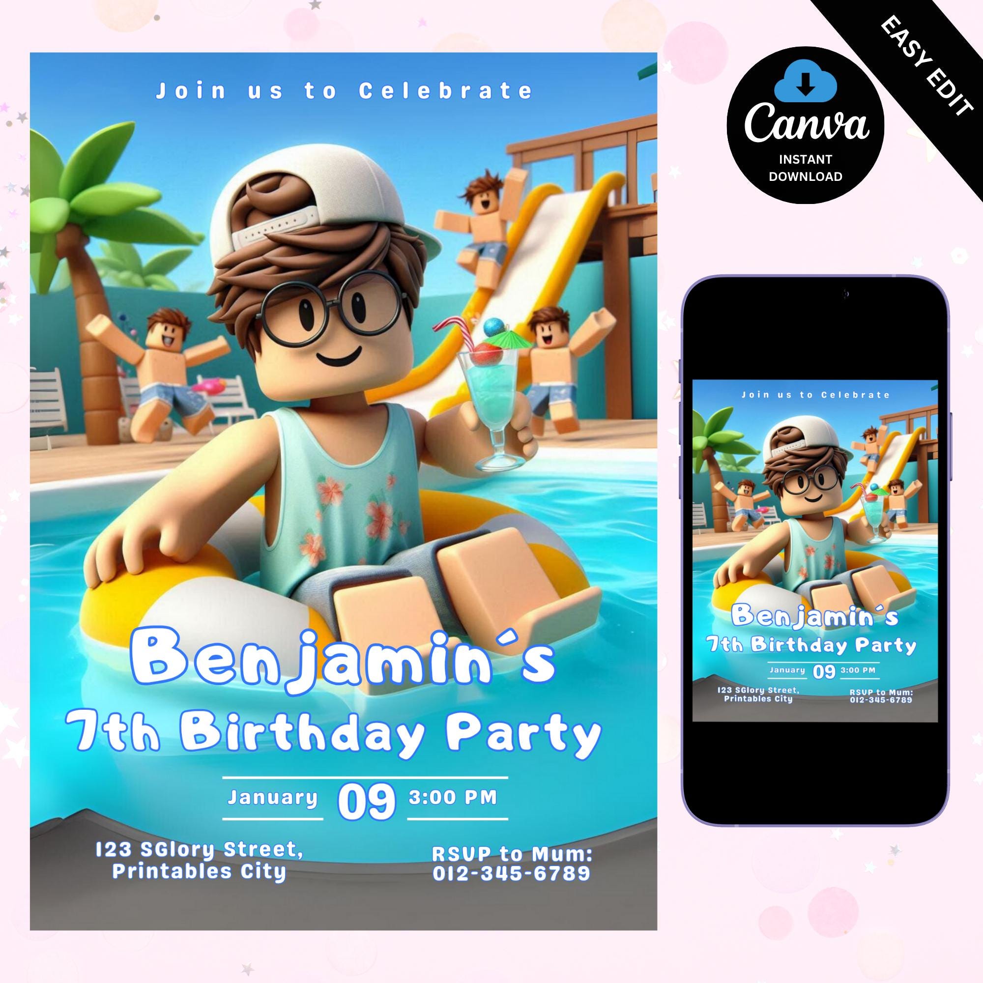 Roblox Pool Party Birthday Invitation Gamer Party Invite Roblox Boy ...