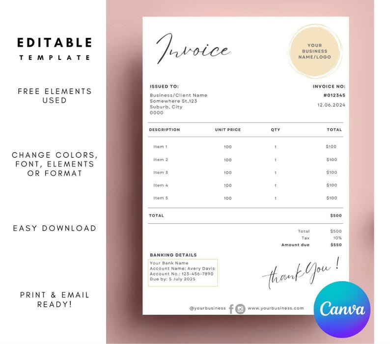 Invoice In Cursive Minimalist Invoice Editable, Printable Small Business Invoice, Editable ...