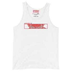 May include: A white tank top featuring a red rectangular graphic on the chest containing a stylized illustration of eyes and the text GODSPEED. The inner neck label displays the text GODSPEED GLOBAL along with size and care instructions.