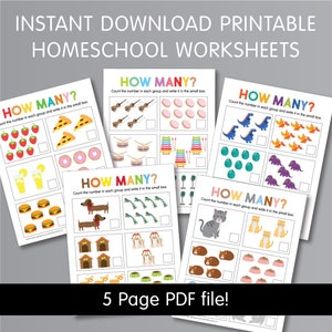 PRINTABLE Home School Worksheets, Learn to Count, Preschool, Kindergarten Lessons, Kids Activities, INSTANT Download, HSW44