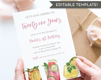 EDITABLE Cheers to 21 Years Cocktail Birthday Party Invitation Template, 21st Birthday, Modern Invitation, INSTANT DOWNLOAD, 0297