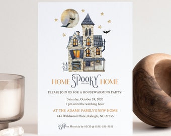 May include: A Halloween-themed housewarming party invitation with a watercolor illustration of a spooky house with a full moon, bats, and stars. The text reads "Home Spooky Home" and includes the date, time, and address for the party. RSVP information is also included.