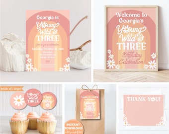 Groovy Young Wild & 3 Birthday Mini Bundle, Invitation, Welcome Sign, Favor Tag, Cupcake Toppers, Thank You Card, 3 Editable Corjl Templates