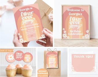 Four-Ever Groovy Birthday Mini Bundle, Invitation, Welcome Sign, Favor Tag, Cupcake Toppers, Thank You Card, 3 Editable Corjl Templates