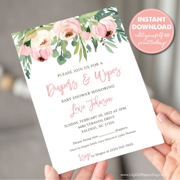 Editable Diaper and Wipes Baby Shower Invitation Template, Watercolor Roses, Baby Shower, INSTANT DOWNLOAD! Print or Email Today! 0318
