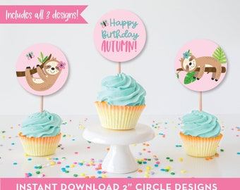 Editable Sloth Birthday Party Cupcake Toppers, Stickers, Favor Tags, Girl Party, 3 designs, INSTANT DOWNLOAD, Print, Cut & Assemble! , 0277
