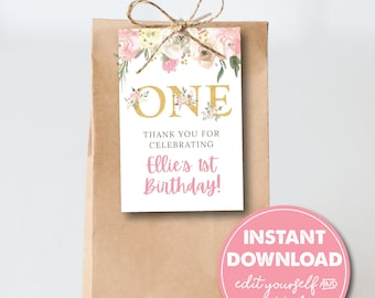 Editable 1st Birthday Party Favor Tag Template, Girl's First Birthday, INSTANT DOWNLOAD! Printable Party Favor, Goodie Bag, 0422