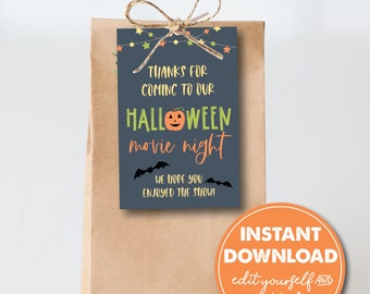 Halloween Movie Night Party Favor Tag, Goodie Bag Tag, Printable Party Favor, Halloween Bash, EDITABLE INSTANT DOWNLOAD, 0199