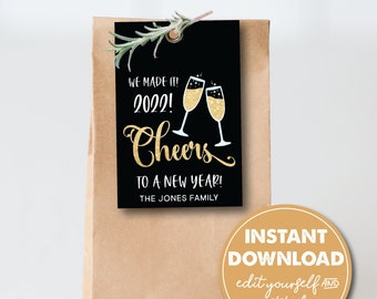 Editable Cheers to a New Year, Party Favor, Gift Tag, 2022 New Year's Party, Holiday Goodie Bag, Printable, EDITABLE INSTANT DOWNLOAD, 0274