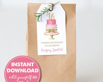Editable Sweet 16 Birthday Party Favor Tag Template, Girl&#39;s 16th Birthday, INSTANT DOWNLOAD! Printable Party Favor, Goodie Bag, 0283