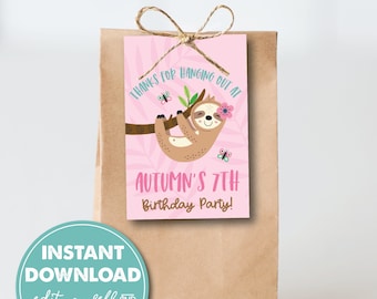 Editable Cute Sloth Birthday Party Favor Tag, Little Girl Birthday, Sloth Party Theme, DIY Party, INSTANT DOWNLOAD, Edit & Print Today! 0277