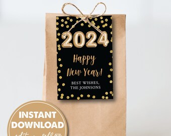 Editable Happy New Year Party Favor, Gift Tag, 2024 New Year's Party, Holiday Goodie Bag, Printable, EDITABLE INSTANT DOWNLOAD, 0170