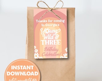 Editable Young Wild & Three, Girls 3rd Birthday Party Favor Tags, INSTANT DOWNLOAD! 70s theme, Daisies, Boho Printable Goodie Bag Tag, 0317