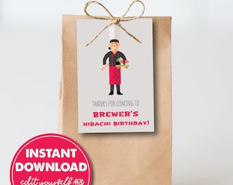 Etiquetas editables de favor de fiesta de cena de cumpleaños de Hibachi, cena de asador asiático, DESCARGA INSTANTÁNEA! Favor de fiesta imprimible, bolsa de regalos, 0070