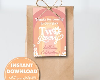 Editable Two Groovy, Girl's 2nd Birthday Party Favor Tags, INSTANT DOWNLOAD! 70s theme, Daisies, Boho Printable Favor, Goodie Bag, 0289