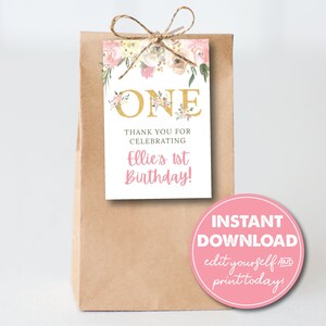 Editable 1st Birthday Party Favor Tag Template, Girl&#39;s First Birthday, INSTANT DOWNLOAD! Printable Party Favor, Goodie Bag, 0422