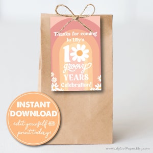 Editable 10 Groovy Years, Girls 10th Birthday Party Favor Tags, INSTANT DOWNLOAD! 70s theme, Daisies, Boho Printable Favor, Goodie Bag, 0313