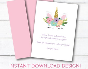 Unicorn Thank You Card, Unicorn Birthday Party Theme, Magical Unicorn, Sleeping Unicorn Instant Download, Digital, 0101