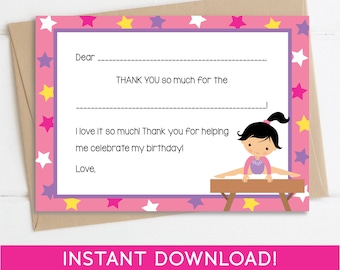 Gymnastic Thank You Card, Instant Download, Printable File, Fill in the blank thank you card, 0123