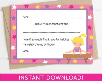 Gymnastic Thank You Card, Instant Download, Printable File, Fill in the blank thank you card, Gymnast Note Card, 0123