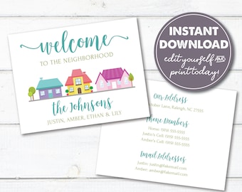 Editable Welcome to the Neighborhood Cards, Instant Download, New Neighbor Welcome Tags, Housewarming Card, Contact Info Card