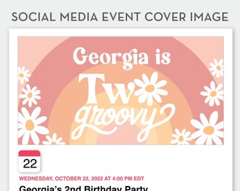 Editable Two Groovy 2nd Birthday Social Media Event Cover Image Template, Birthday Digital Cover, INSTANT DOWNLOAD, 70s Theme, 0289