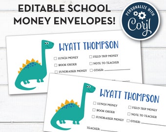 Bewerkbare dinosaurus schoolgeldenvelop, notitie aan leraar enveloppen, gepersonaliseerde schoolnotitie, kleuterschool, direct downloaden!