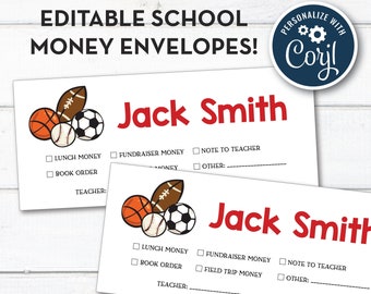 Editable, Personalized School Money and Note To Teacher Envelopes, Instant Download!