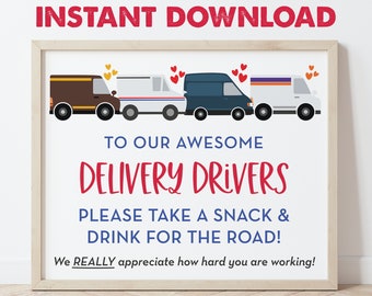 Delivery Driver Snack & Drink Sign, Packages, Mail Carrier, Essential Worker, Thank You Sign, Take Snack, Printable Instant Download, 0288
