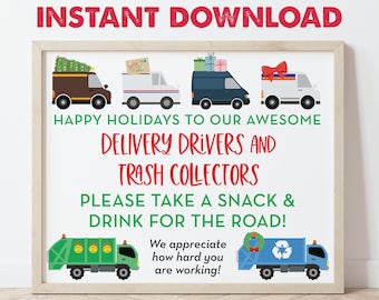 Happy Holidays Delivery Driver and Trash Collector Snack & Drink Sign, Christmas Delivery, Thank You, Take a Snack, Instant Download 0288