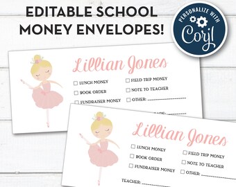 Editable, Personalized School Money and Note To Teacher Envelopes, Instant Download!