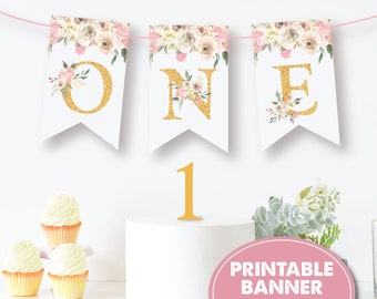 1st Birthday Banner, Instant Download, Bunting, Watercolor Roses & Gold ONE High Chair Banner, Download, Print and Assemble Today! 0422