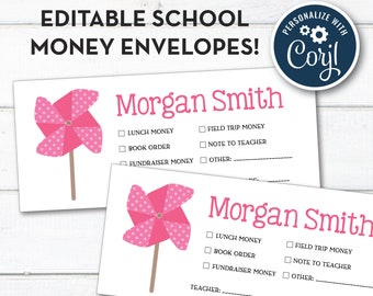 Editable, Personalized School Money and Note To Teacher Envelopes, Preschool Printable, Instant Download!