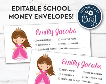 Editable Princess Personalized School Money Envelope, Note To Teacher Envelopes, School Note, Preschool, Instant Download!