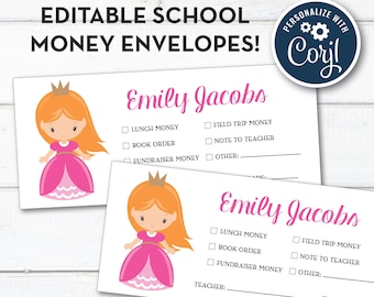 Editable Princess Personalized School Money Envelope, Note To Teacher Envelopes, School Note, Preschool, Instant Download!