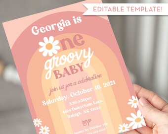 Editable Girl's 1st Birthday One Groovy Baby Daisy Party Invitation, Boho 70s theme, INSTANT DOWNLOAD, Edit, Download, Print/Email! 0888