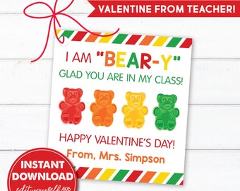 Editable Gummy Bear Valentine's Cards from Teacher to Students, Beary Glad Class Valentines, INSTANT DOWNLOAD, Edit & Print Today!!