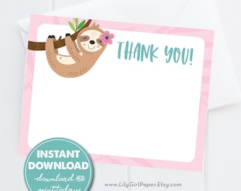 Cute Sloth Thank You Card, Stationery, Little Girl Birthday Party, INSTANT DOWNLOAD, Printable File, Digital Thank You Card, DIY, 0277