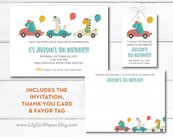 Editable Dinosaur Birthday Party Pack Template, INSTANT DOWNLOAD, Invitation, Thank You Card & Favor Tag, Boy Birthday 0223