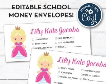 Editable Princess Personalized School Money Envelope, Note To Teacher Envelopes, School Note, Preschool, Instant Download!