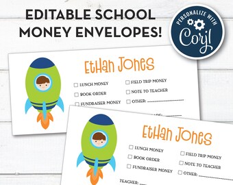 Editable Astronaut, Outer Space, Rocketship Personalized School Money and Note To Teacher Envelopes, Instant Download!
