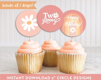 DIGITAL Two Groovy, Girl's 2nd Birthday Cupcake Toppers, Stickers, Party Favors, 70s theme, INSTANT DOWNLOAD, print, cut & assemble! , 0289