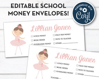 Editable Ballerina Personalized School Money Envelope, Dance Note To Teacher Envelopes, School Note, Preschool, Instant Download!