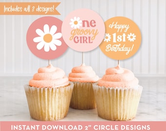 DIGITAL One Groovy Girl, 1st Birthday Cupcake Toppers, Stickers, Party Favors, 70s theme, INSTANT DOWNLOAD, print, cut & assemble! , 0291