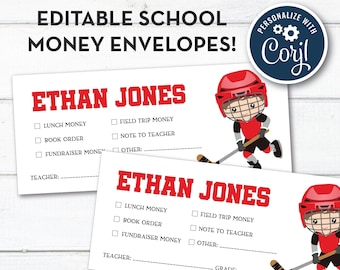 Hockey Player, Editable, Personalized School Money and Note To Teacher Envelopes, Instant Download!